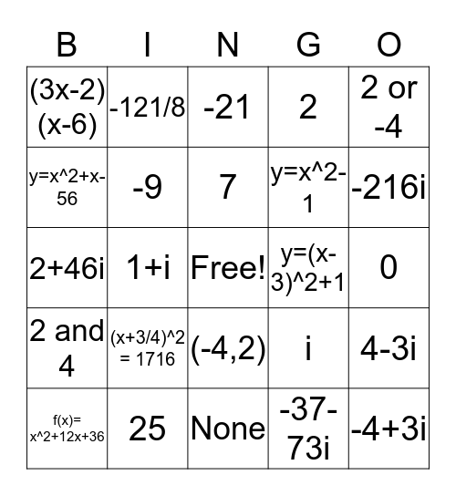 Quadratics M2 Bingo Card