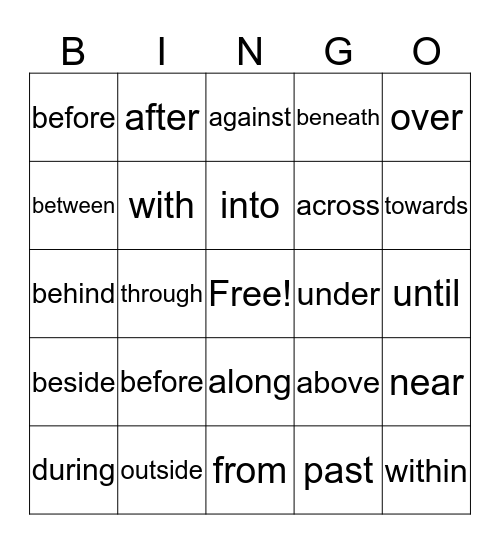 Preposition BINGO Card