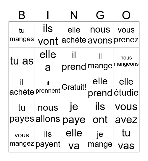 Ch. 5 Les Verbes Bingo Card