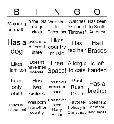 Get to know you bingo Card