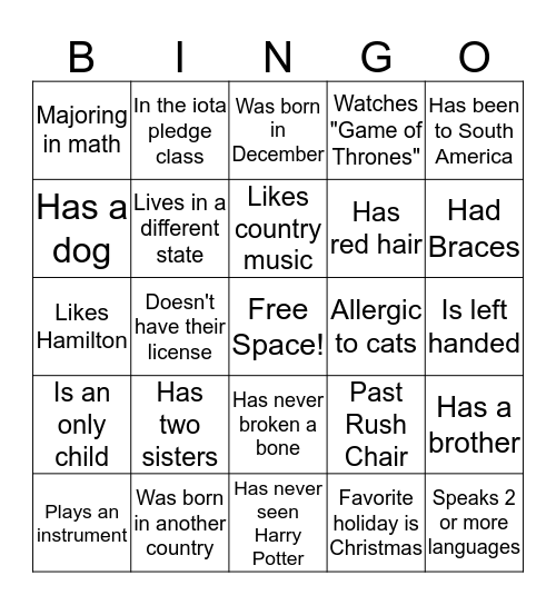 Get to know you bingo Card