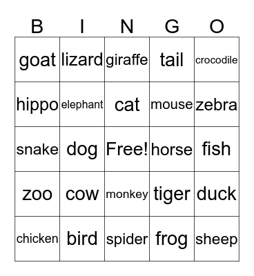 Animals Bingo Card