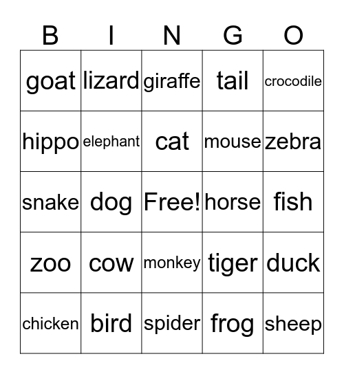 Animals Bingo Card