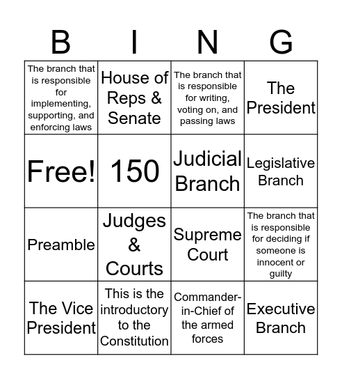 Preamble and the 3 Branches of Government Bingo Review Bingo Card