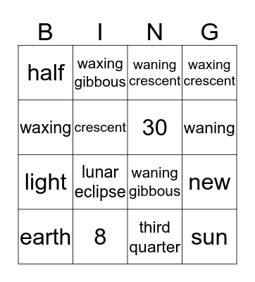 Moon Phases Bingo Card