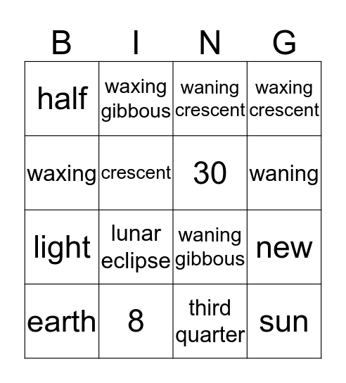 Moon Phases Bingo Card