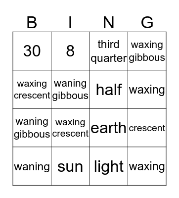 Moon Phases Bingo Card