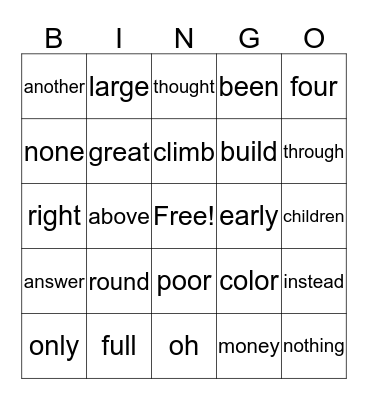 High Frequency Word Bingo Card