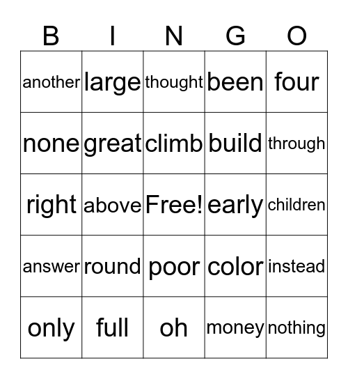 High Frequency Word Bingo Card