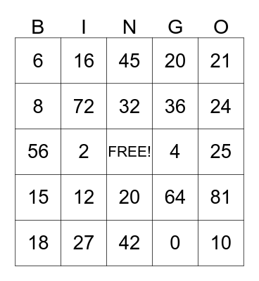 MATH MULTIPLICATION FACTS Bingo Card