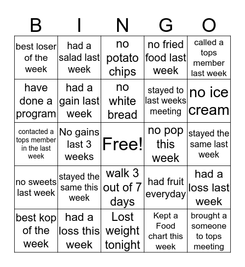 Tops  Bingo Card