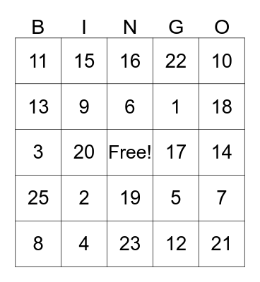 Number Bingo Card
