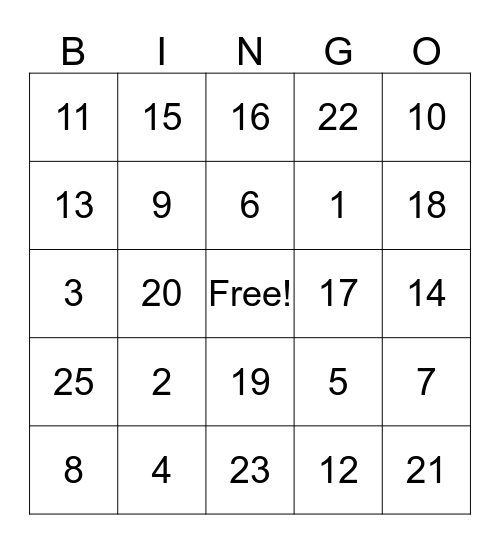 Number Bingo Card