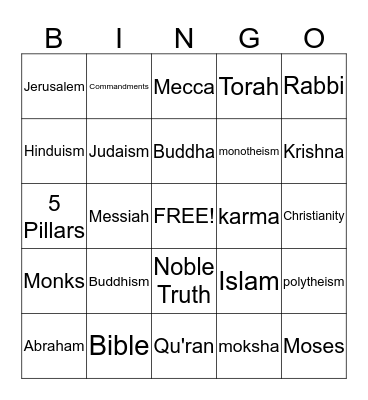Five Major World Religons  Bingo Card