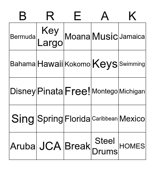 Spring Break Bingo Card