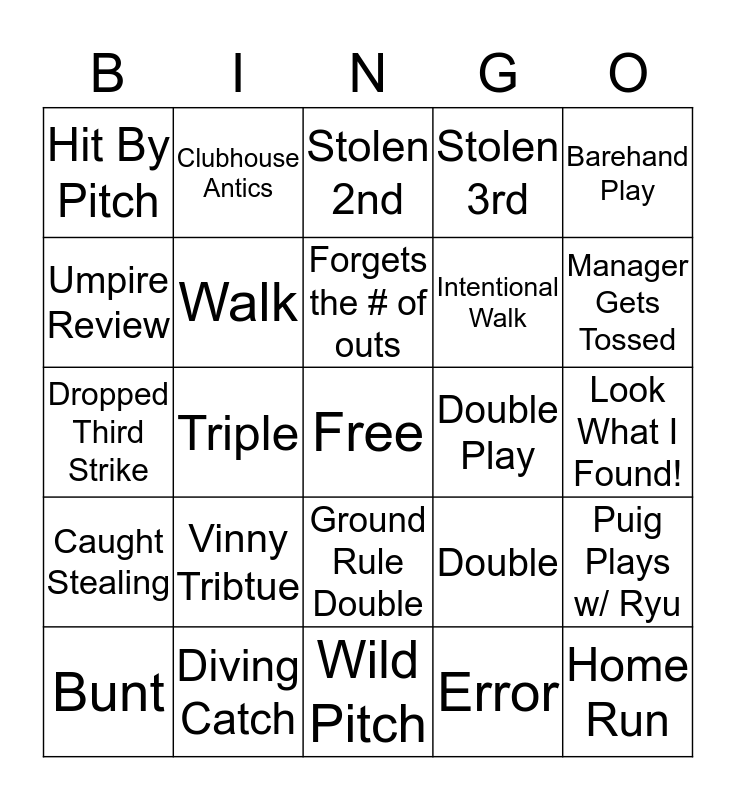 Dodgers Opening Day Bingo Card