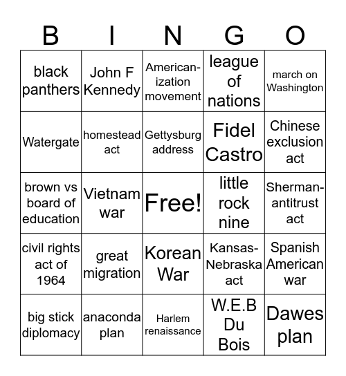U.S History Bingo Card