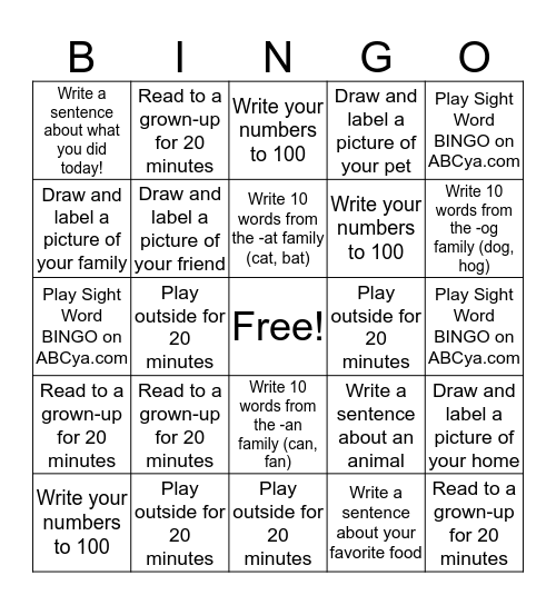 Spring Break Bingo Card