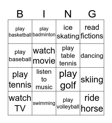 sports + hobbies Bingo Card