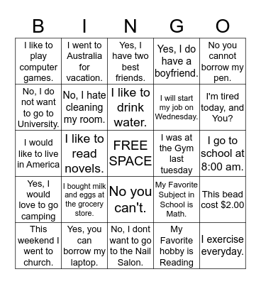 Conversation BINGO!!! Bingo Card