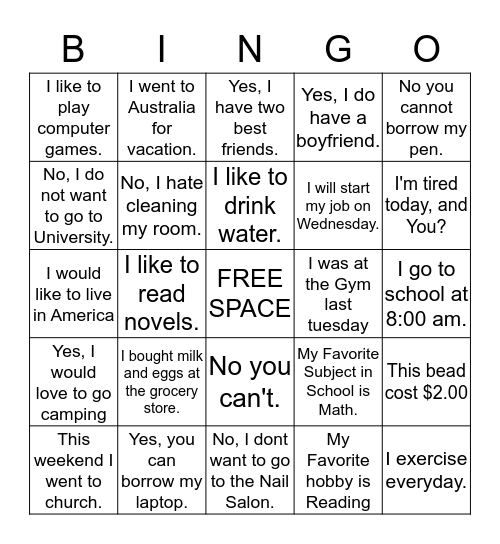 Conversation BINGO!!! Bingo Card