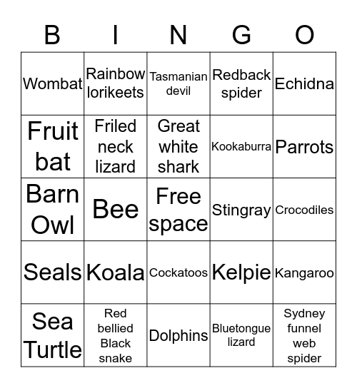 Australian animals,reptiles and bugs  Bingo Card