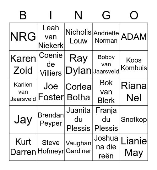 Afrikaanse Sangers Bingo Card