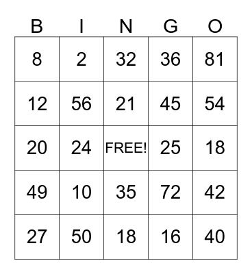 Math Multiplication Bingo Card