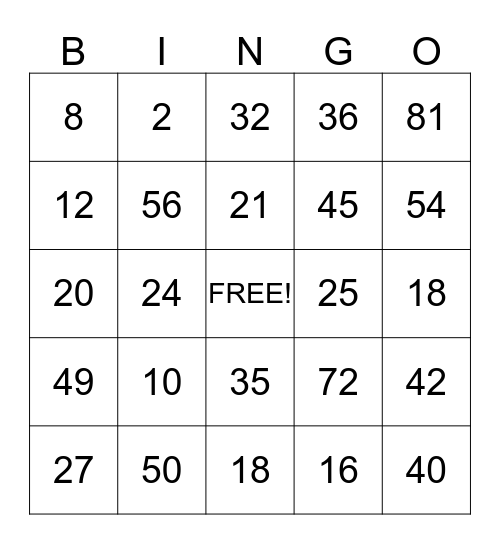 Math Multiplication Bingo Card