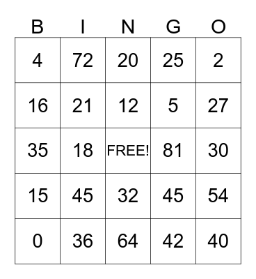 Math Bingo Multiplication Bingo Card