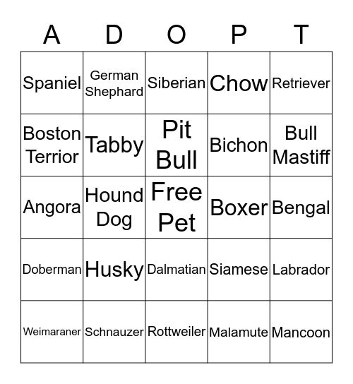 PAWS Adoption Bingo!!! Bingo Card