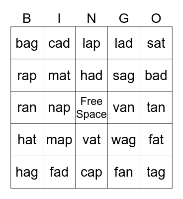 SHORT  A  CVC Bingo Card