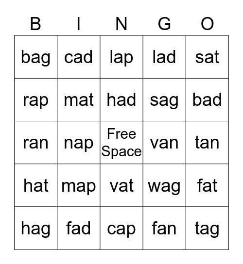 SHORT  A  CVC Bingo Card
