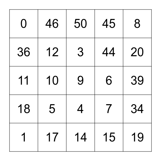 Number Bingo Card