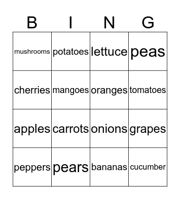 Fruits and Vegetables Bingo Card