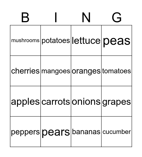 Fruits and Vegetables Bingo Card