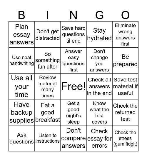 Test Without Stress Bingo Card