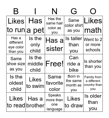 Friendship Bingo Card