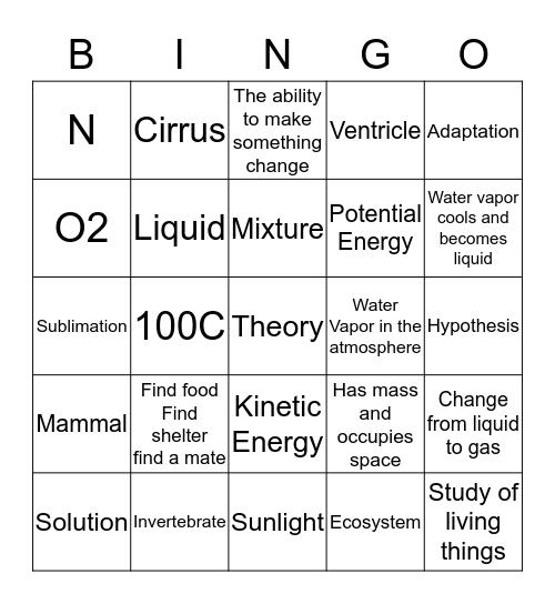 5th Grade Science Bingo Card