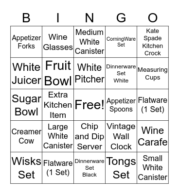 Becca's Gift Registry Bingo Card