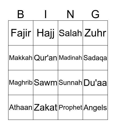 Islamic Bingo Card