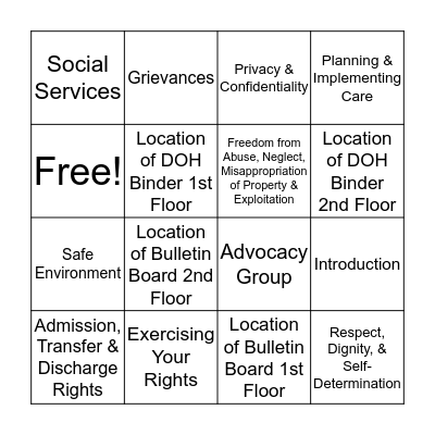 Resident Rights Bingo Card