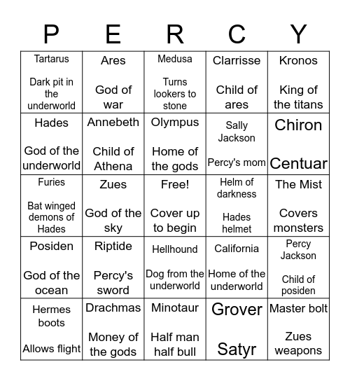 Percy Jackson Get to Know Bingo Card