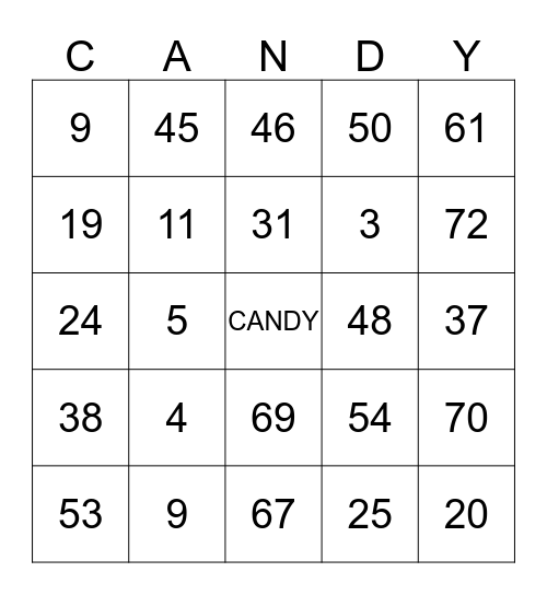 Candy Cards Bingo Card