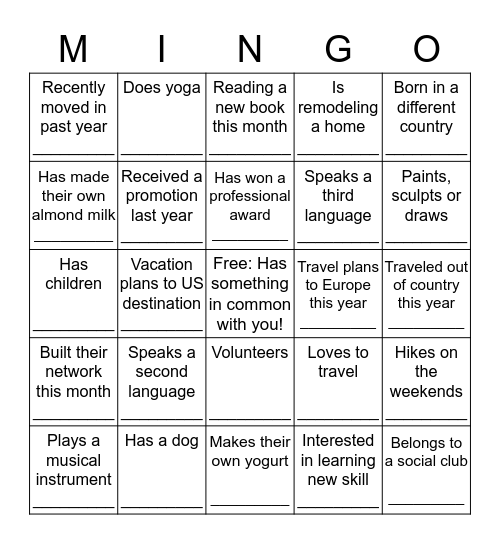 Mingle Bingo Card