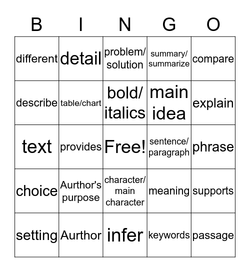 Reading Vocabulary Bingo Card