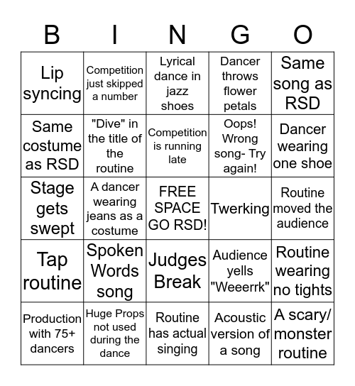 Rising Stars Competition BINGO Card