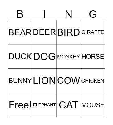 ANIMALS Bingo Card