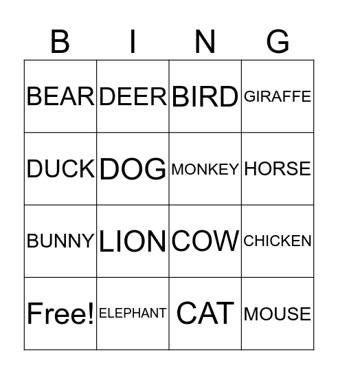 ANIMALS Bingo Card