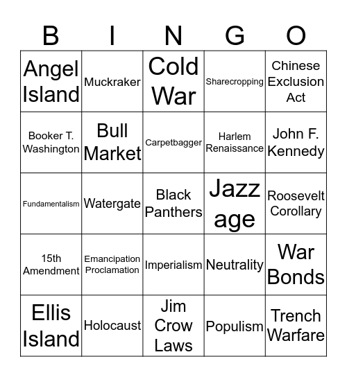 U.S History Vocabulary Terms Bingo Card